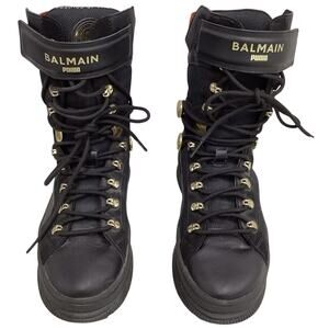 Nwob- Puma Womens X Balmain Deva Black Gold Round Toe Lace Up Ankle Boots Size 7